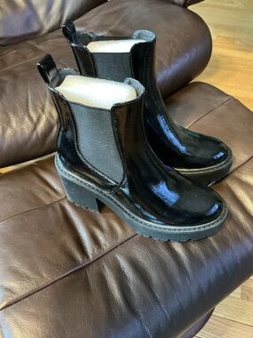 Patent Black Rain Boots with Lug Heel